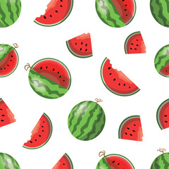 Vector watermelon seamless pattern. Fresh watermelon slices pattern with seeds. Summer fresh fruits texture on white background. Can be used as wallpaper, background, card or banner, website or print 