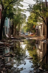 Obraz premium flooded streets and floating debris after hurricane, created with generative ai