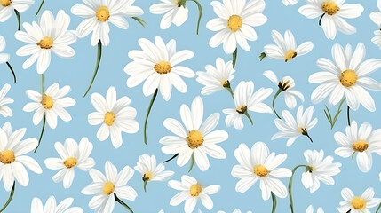 Daisy flower pattern art on blue background for fabric garment AI generative