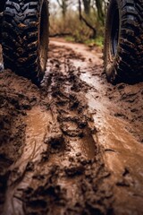 close-up of muddy off-road tires on dirt trail, created with generative ai