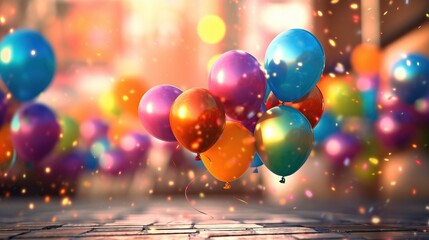 Colorful balloons with bokeh background, a festive background with colorful balloons. Design concept for holiday