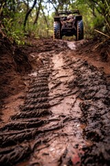 Fototapeta na wymiar close-up of muddy off-road tires on a dirt trail, created with generative ai