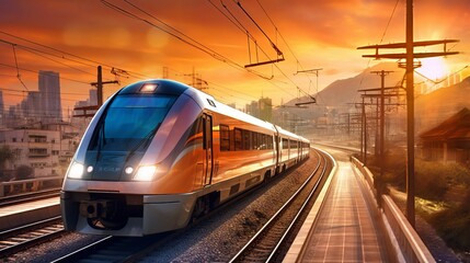 Fototapeta premium Electric passenger train drives at high speed among urban landscape Generative AI