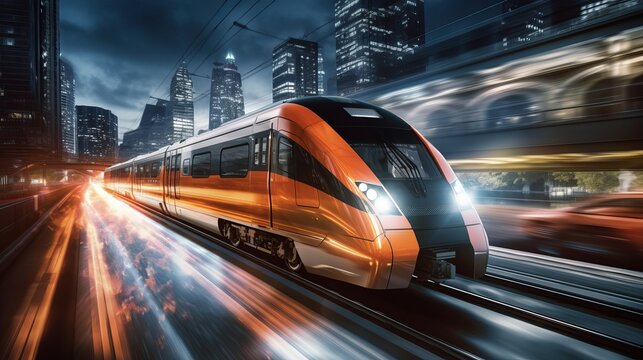 Electric passenger train drives at high speed among urban landscape Generative AI