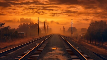 Fototapeta na wymiar Orange sunset in low clouds over railroad Generative AI