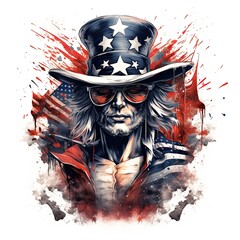 Uncle Sam, illustration for American Independence Day, 4th of July. Red, blue, white. Generative AI