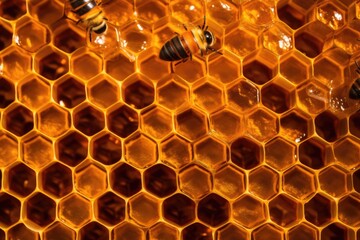 close-up of hexagonal honeycomb pattern with golden honey, created with generative ai