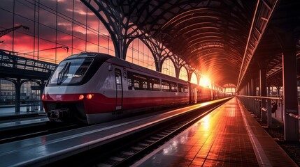 Beautiful railway station with modern red commuter train at suns Generative AI - obrazy, fototapety, plakaty