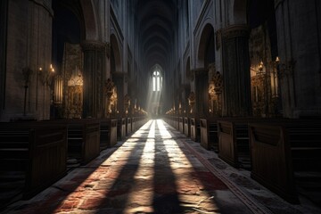 Obraz premium dimly lit cathedral aisle with dramatic shadows, created with generative ai