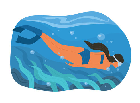 Woman Diving to Underwater for Snorkeling Concept Illustration