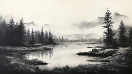 monochromatic, grayscale landscape depicting a morning in the forest with a lake in the center and some mountains in the background, etching technique