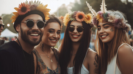 Diverse group of friends candidly enjoying a music festival, embodying the energy and vitality of live concert fun, millennials, generation z  - obrazy, fototapety, plakaty