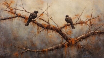 realistic scene of birds perched on tree branches, singing their melodious tunes. oil paints to create a rich texture that brings out the subtle details of their feathers