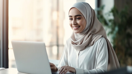 Portrait of successful Muslim businesswoman inside office with laptop, woman in hijab smiling and looking at camera, muslim office worker wearing glasses. - obrazy, fototapety, plakaty