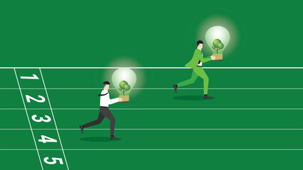 Businessman and employee, run and hold a tree light bulb on a racetrack. ESG competition idea, Environmental policy,  Eco-friendly, Sustainable, and Green business, World and natural concern concept.