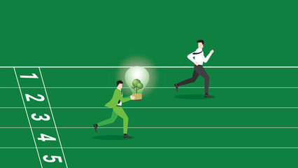 A lead businessman runs and holds a tree light bulb on a racetrack, attention from employee. ESG competition idea, Environmental policy, Green business, Sustainable, world and natural concern concept.