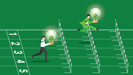 Fototapeta na wymiar Businessman and employee hold a tree light bulb, run and jump over obstacles on a racetrack. ESG competition idea, Environmental policy, Eco-friendly, Sustainable, and Green business concern concept.