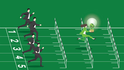 A businesswoman holds a tree light bulb, runs and jumps over obstacles on a racetrack. Idea of ESG competition, Environmental policy, Green business, Eco-friendly, Sustainable, and concern concept.