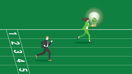 A lead businesswoman runs and holds a tree light bulb on a racetrack. An idea thinking of ESG competition, Environmental policy, Green business, Eco-friendly, Sustainable, and natural concern concept.