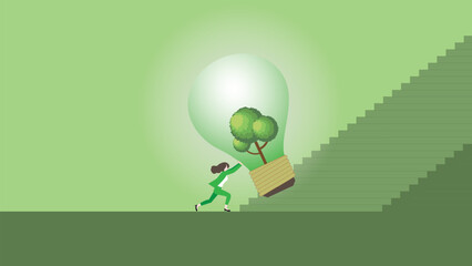 A businesswoman pushes a big tree lightbulb, steps up a stair. ESG idea, Renewable, Alternative energy, Environmental policy, Net zero emission, Carbon footprint reduction, Sustainable, Green concept.