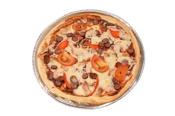 Tasty pizza with salami, sausages, cheese, onions and sauce.