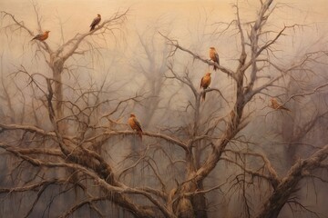 realistic scene of birds perched on tree branches, singing their melodious tunes. oil paints to create a rich texture that brings out the subtle details of their feathers