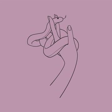 Hand with a snake in line art style on a pink background. Wild animals. Esoterics elements, witch mysticism. Vector outline illustration