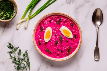 Cold summer soup of beets, yogurt, cucumbers, eggs and dill.