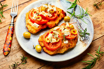 Breaded chicken meat steaks