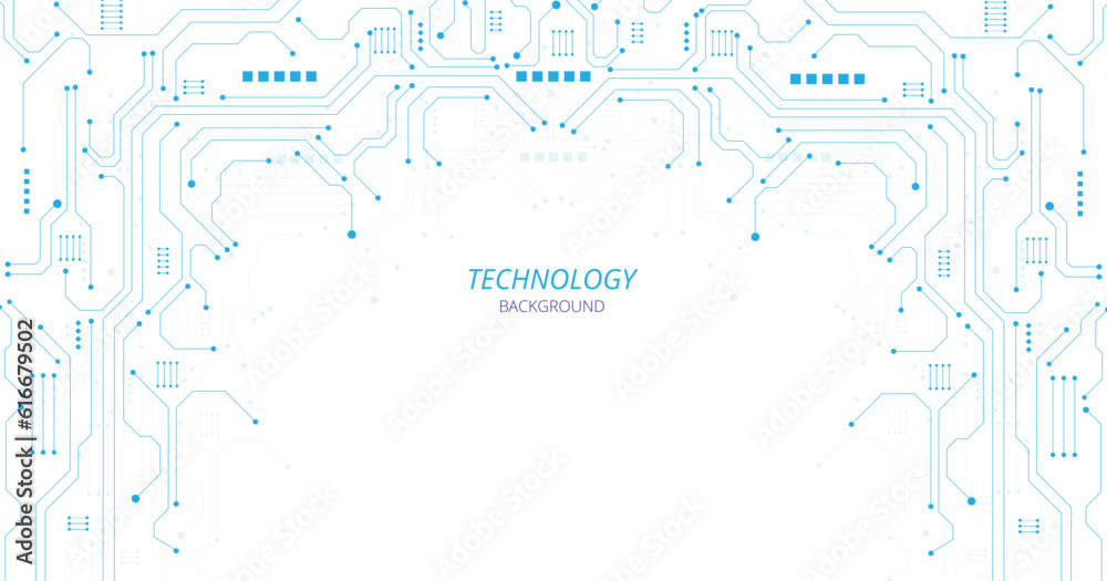 Poster Concept of Technology blue circuit diagram. High-tech blue circuit board connection system.Vector abstract technology on white background.