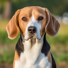 Beagle dog portrait in a sunny summer day. Closeup portrait of a purebred Beagle dog in the field. Outdoor Portrait of a beautiful Beagle dog in summer field. AI generated