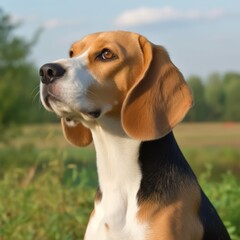 Profile portrait of a purebred Beagle dog in the nature. Beagle dog portrait in a sunny summer day. Outdoor Portrait of a beautiful Beagle dog in a summer field. AI generated