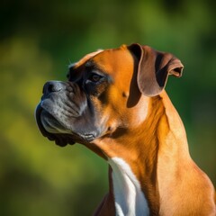 Fototapeta premium Profile portrait of a purebred Boxer dog in the nature. Boxer dog portrait in a sunny summer day. Outdoor Portrait of a beautiful Boxer dog in a summer field. AI generated