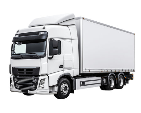 White modern European truck isolated on transparent background, Cargo cab and semi-trailer, concept of trucking, supply chain, transit, moving, shipping, delivery, front side view. generative ai