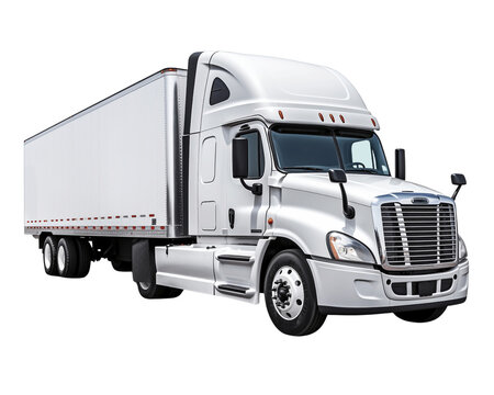 White cargo truck freightliner isolated on a transparent background, concept of trucking, supply chain, transit, moving, shipping, delivery, mailing, post services, front side view. generative ai