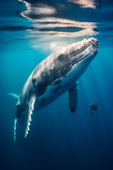 Fototapeta premium A humpback whale supports her very young calf near the ocean's surface