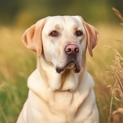 Profile portrait of a purebred Labrador Retriever dog in the nature. Labrador Retriever dog portrait in a sunny summer day. Outdoor portrait of a beautiful Labrador dog in a summer field. AI generated