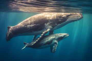 A humpback whale supports her very young calf near the ocean's surface - obrazy, fototapety, plakaty