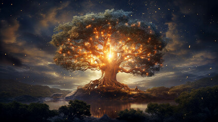 Glowing Yggdrasil Tree of Life in Norse Mythology. Legendary World Tree Of Vikings