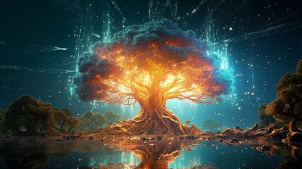 Glowing Ancient Tree of Life. Yggdrasil in Viking Mythology
