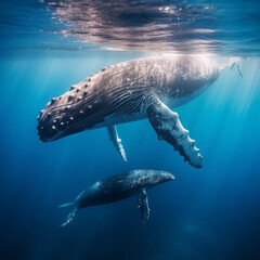A humpback whale supports her very young calf near the ocean's surface