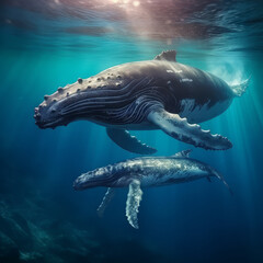 A humpback whale supports her very young calf near the ocean's surface