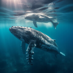 Fototapeta premium A humpback whale supports her very young calf near the ocean's surface