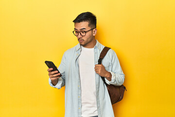 Asian student with a backpack using mobile phone in studio setup.
