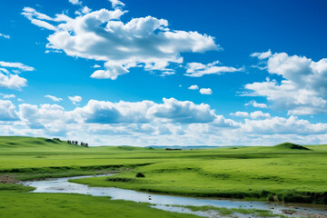 Fototapeta na wymiar photo of blue sky and green steppe