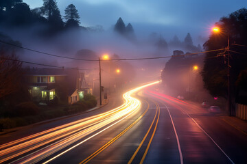 A long exposure of 30 seconds captures the movement of winter fog in Mill Valley, California