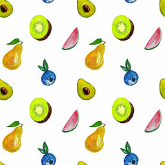 Seamless pattern of watercolor fruits and berries. All elements are drawn by hand. For your design, scrapbooking, textiles and printing.