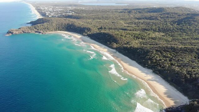 aerial (drone) panorama of beautiful alexandria bay in noosa national park near sunshine coast in south east queensland, australia; unique national park with pristine beaches on the coast of pacific