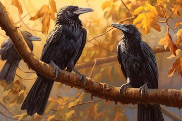realistic scene of birds perched on tree branches, singing their melodious tunes. oil paints to create a rich texture that brings out the subtle details of their feathers - obrazy, fototapety, plakaty