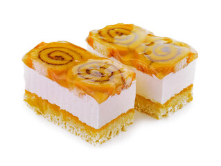 two slices cheese cake with jellied layer